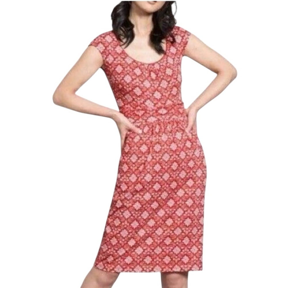 Boden Floral Red White Floral Geometric Dress Scoop Neck Cap Sleeve Pockets 14L